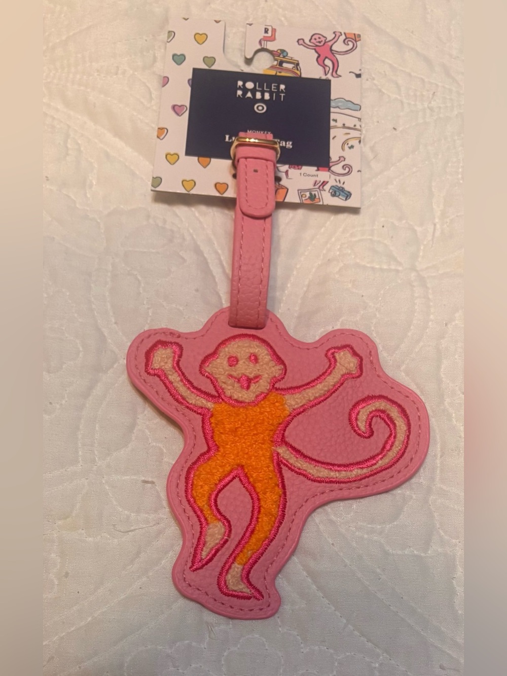 Roller Rabbit Pink and Orange Monkey Luggage Tag - Picture 2 of 4